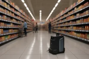 Robot vacuum in grocery store aisle